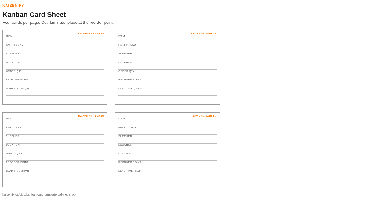 Kanban Card Sheet (4-up printable) preview